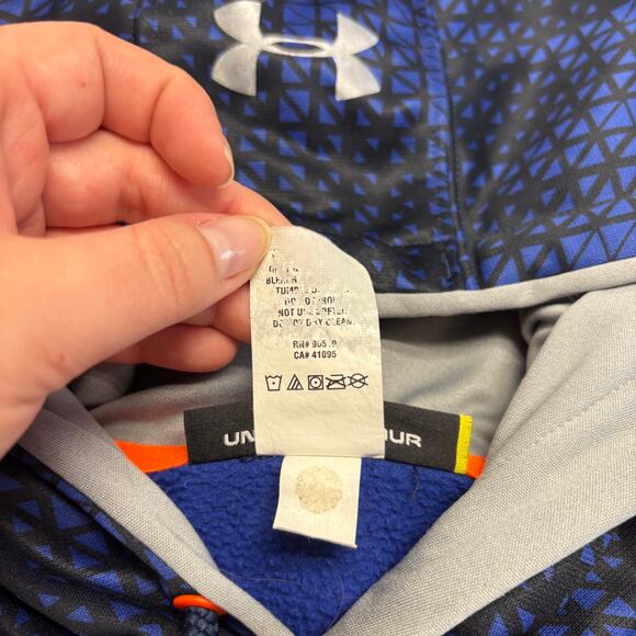 Under Armour Storm Blue Orange Mens S Loose Geometric Big Logo Pullover Hoodie - Picture 5 of 8